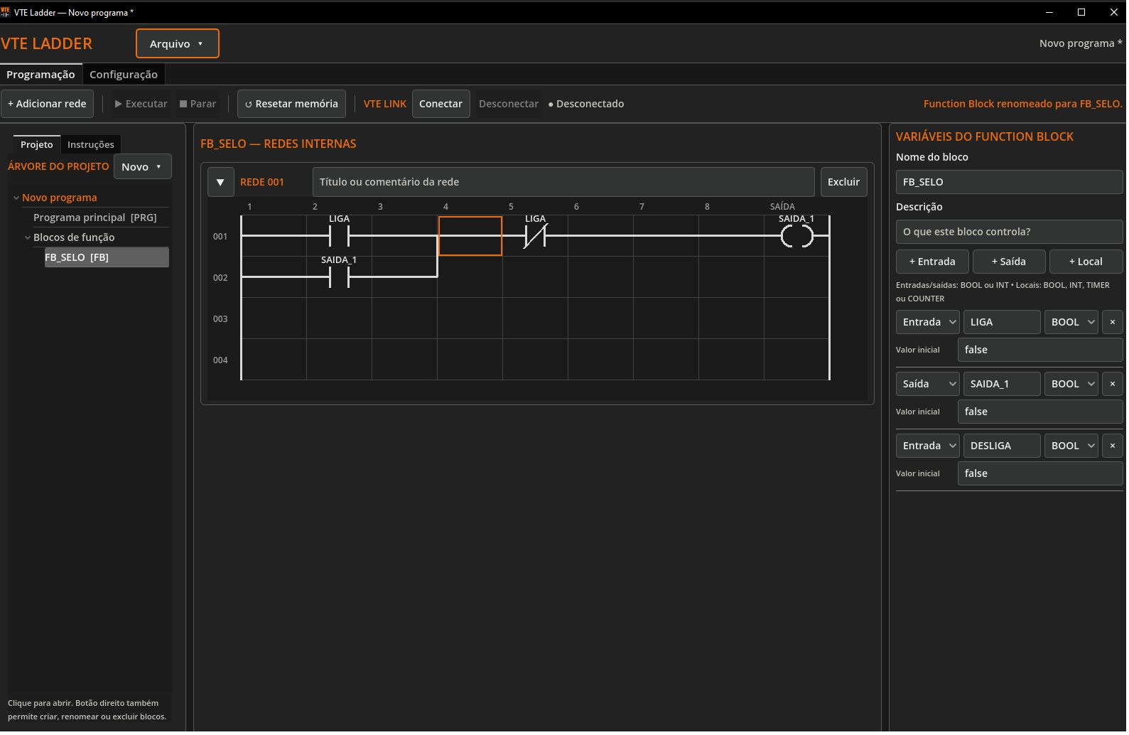 Edição de Function Block no VTE Ladder